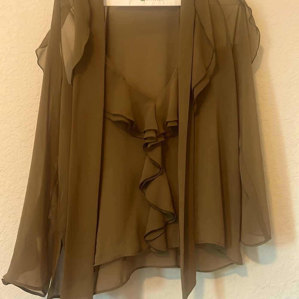 Zara Khaki Green Open Shoulder Sheer Ruffled Blouse Small